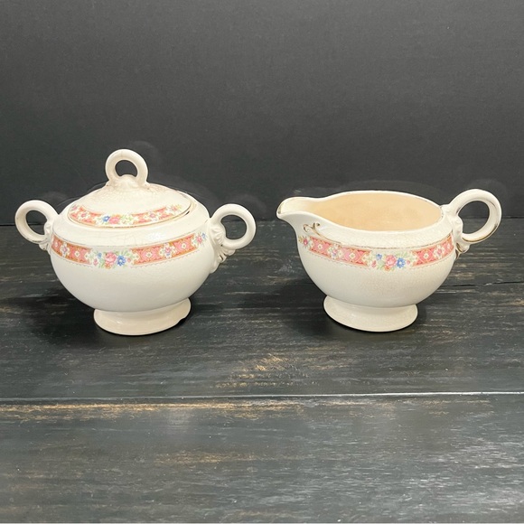 Antique Crown Potteries Co Creamer and Sugar Bowl Set  Pink Floral Design - Picture 1 of 16